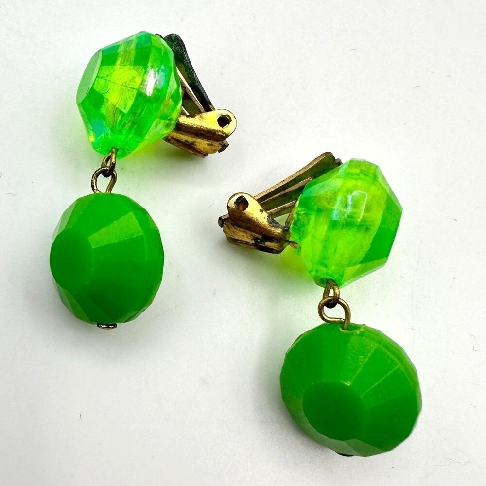 Vintage Y2K Neon Green Faceted Beaded Dangle Earrings Women's Classic Jewelry